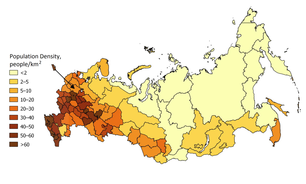 Map of the population density in Russia, highlighting denser populations in Western Russia