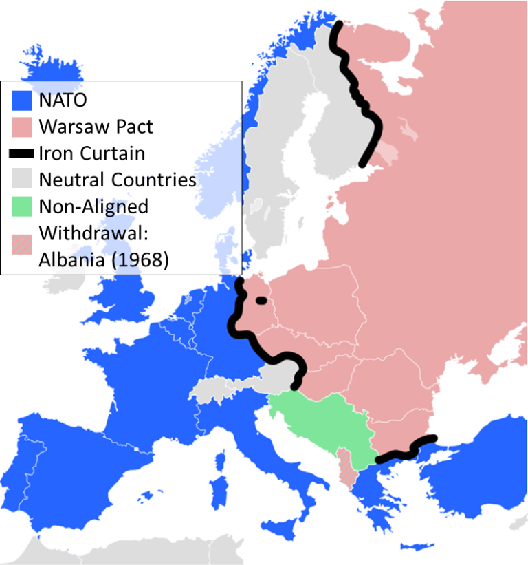 Map of Europe showing members of NATO in blue, the Warsaw Pact in red, and non-aligned countries.