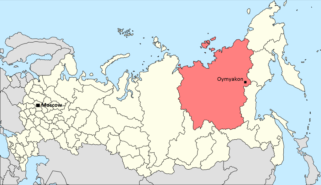 Map of the location of Oymyakon, in northeastern Russia
