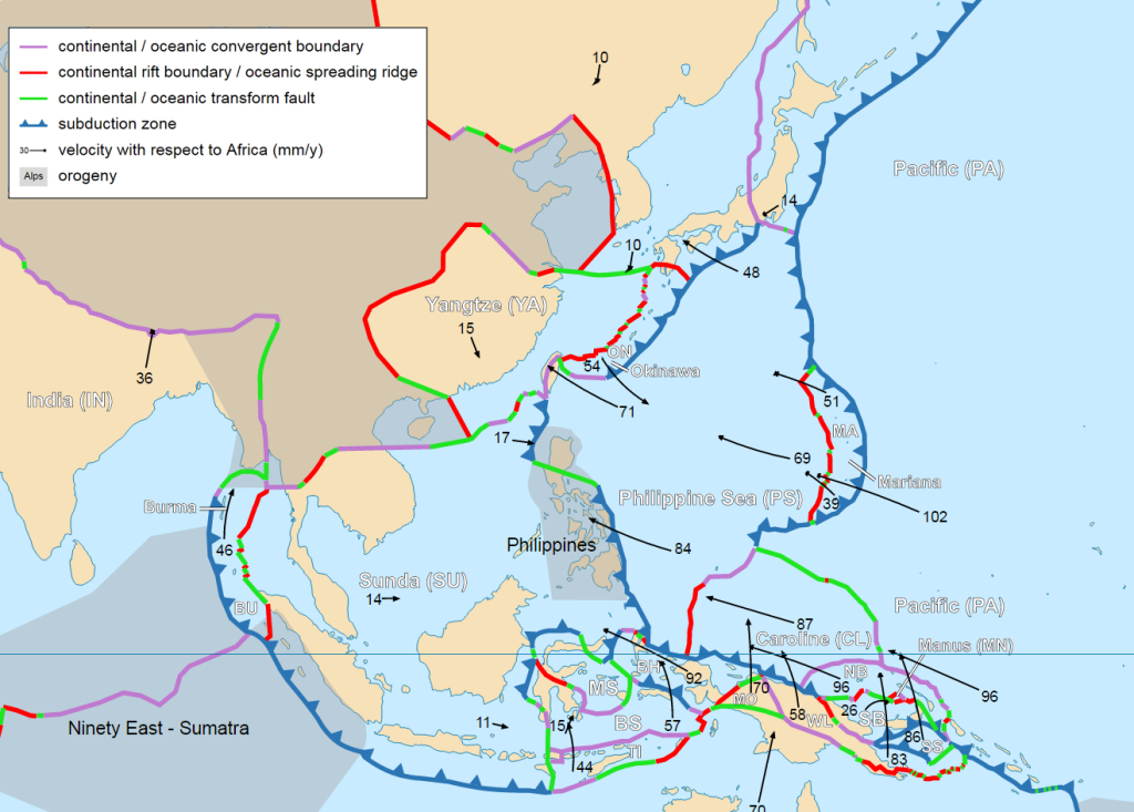 Map of tectonic plate boundaries in East and Southeast Asia, their direction of movement, and velocity