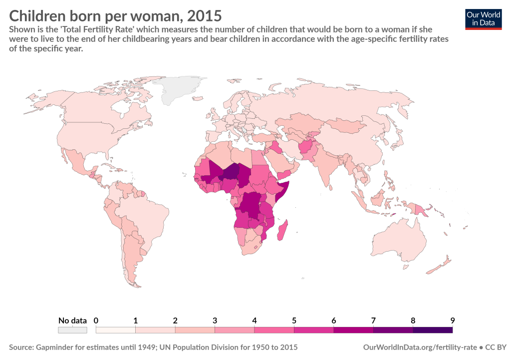 Global map of countries by Fertility rate, highlighting sub-Saharan Africa as an area with high fertility