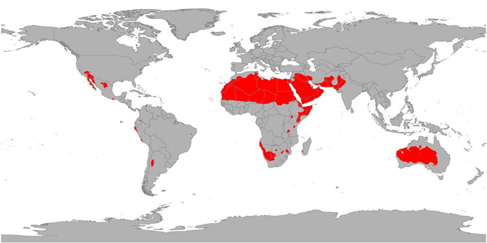 Map highlighting the world's hot desert climate zones