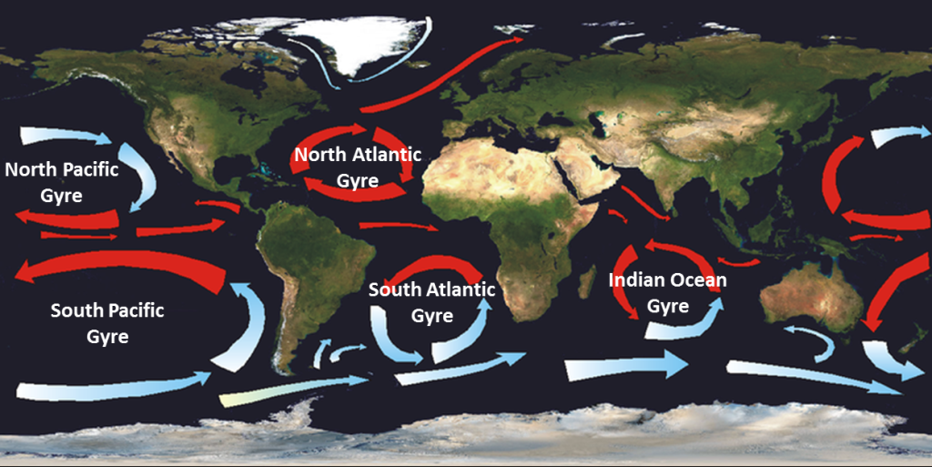 Map of the major oceanic gyres and their circulation patterns and temperatures
