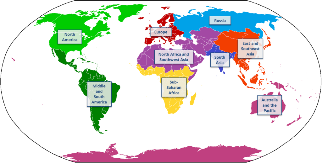 Map of the nine world regions identified by the textbook author