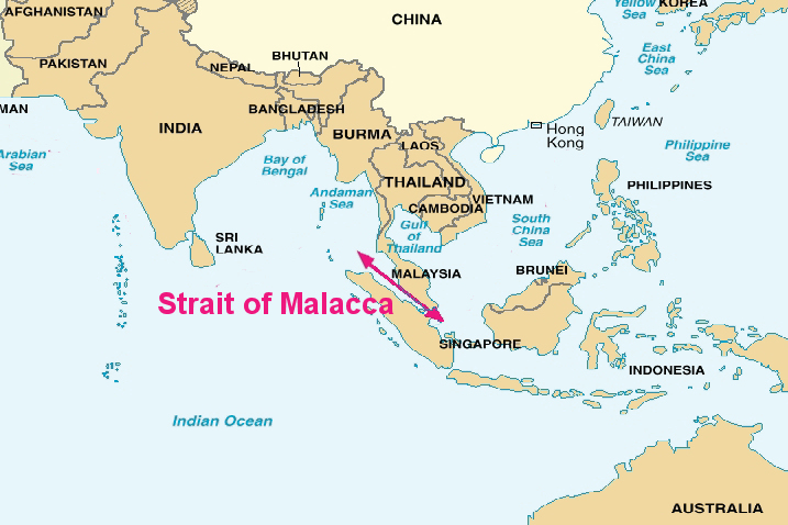 Map of the location of the Strait of Malacca, located between the Malay Peninsula and the Indonesian island of Sumatra