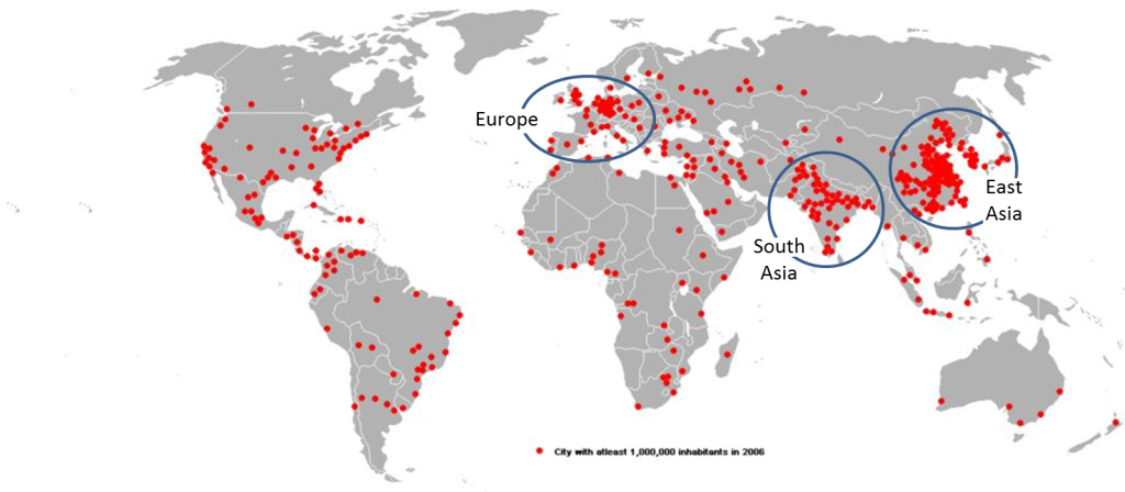 Map of the global population clusters, highlighting Europe, South Asia, and East Asia