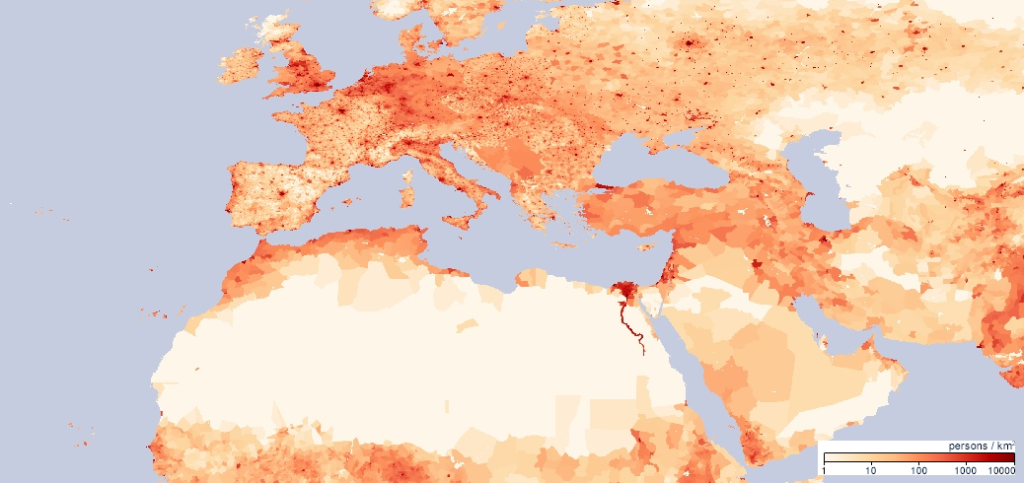Map of population density across North Africa and Southwest Asia