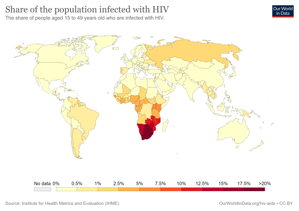 Map of the countries of the world by share of the population infected with HIV in 2017