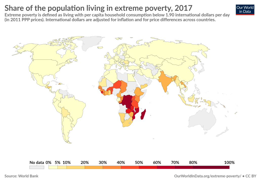 Map of the world displaying the share of population living in extreme poverty by country in 2017