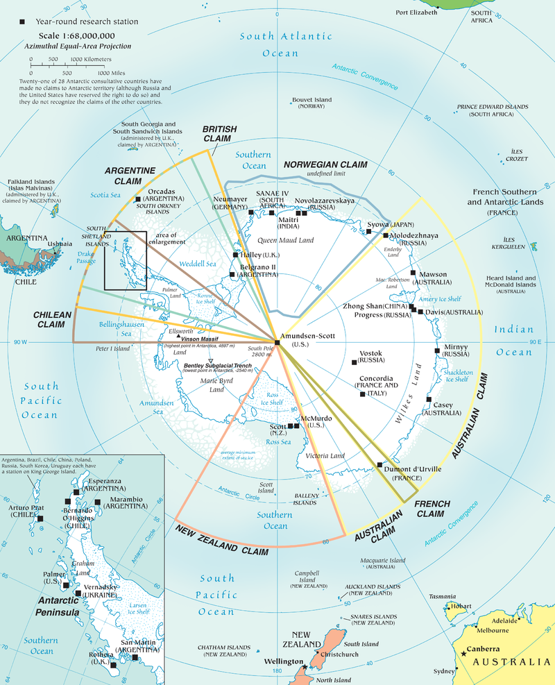Map of claims to the territory in Antarctica, looking like pie wedges converging on the South Pole