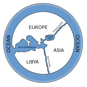 A reconstruction of Anaximander's map, with Greece and southern Europe at the center surrounded by Europe, Libya, and Asia