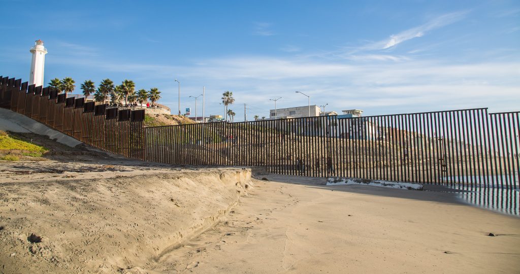 The fence between the USA and Mexico along the Pacific Ocean just south of San Diego