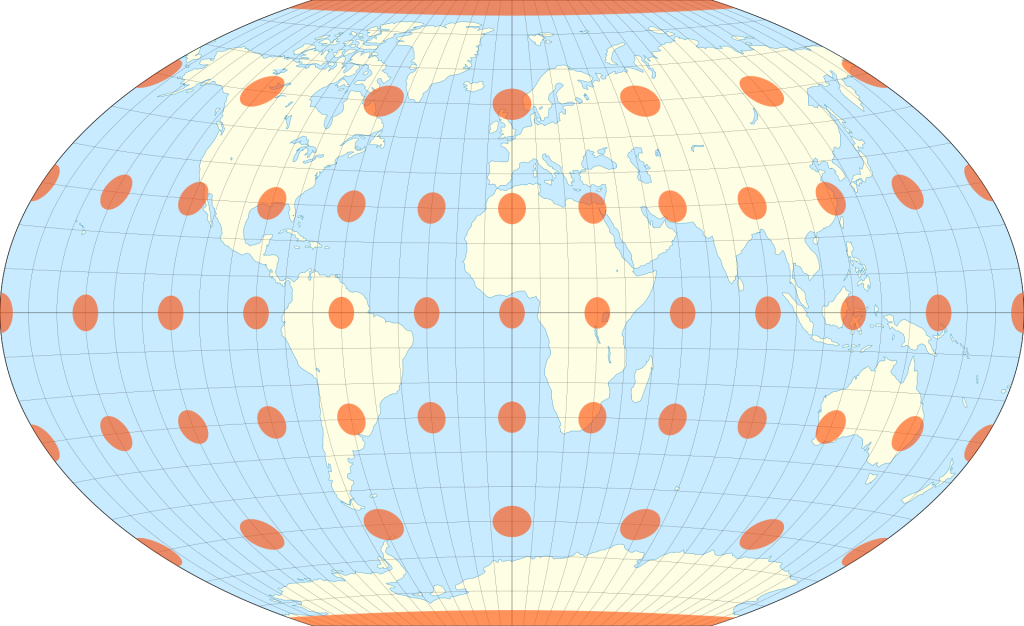 The Winkle triple projection with Tissot's indicatrices of deformation, showing roughly the same size and shape of circles all around the world