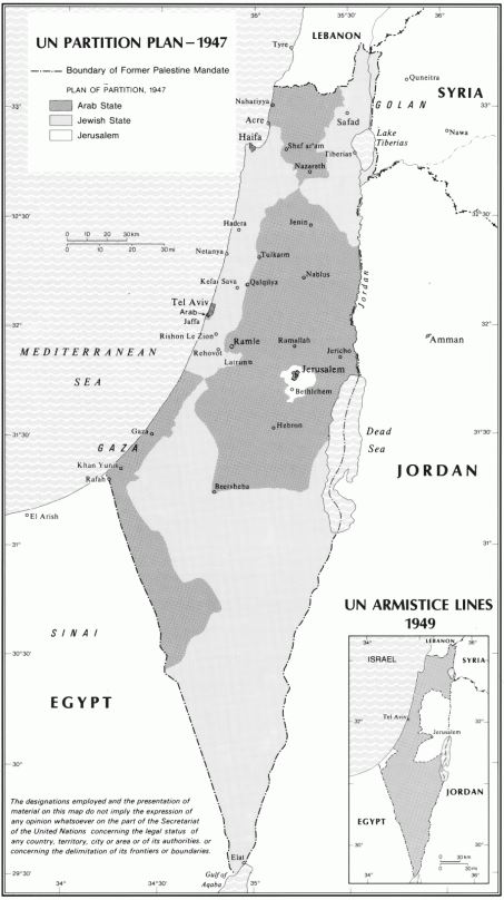 Map of the 1947 Proposed Boundaries and 1949 demarcation lines for the Arab and Jewish states