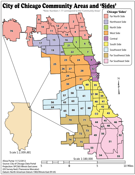 Map of Chicago Community Areas at 1:180,000 scale and a map of Illinois at 1:2,009,481 scale