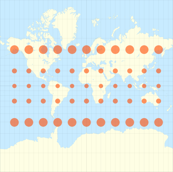 Map of the world in a Mercator projection (cropped at 85° of latitude) with Tissot's Indicatrix of deformation.
