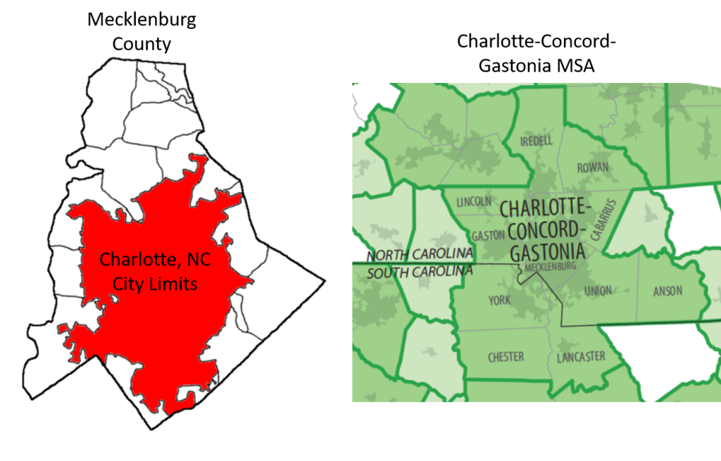 Comparison of Charlotte city boundary, county boundary, and MSA