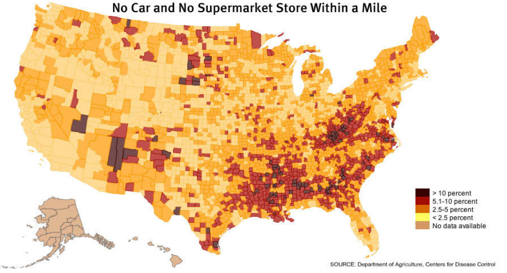 Map of food deserts in the United States, 2016