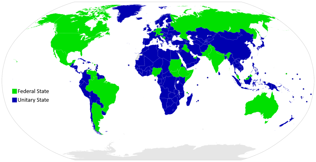Map of global federal and unitary states