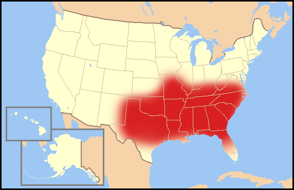 Map of the U.S. "south" vernacular region, with fuzzy borders on the edges
