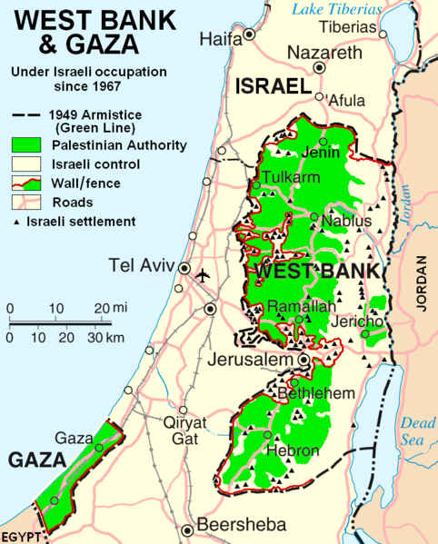 Map of Israel with areas under Palestinian control and walls and fences labeled