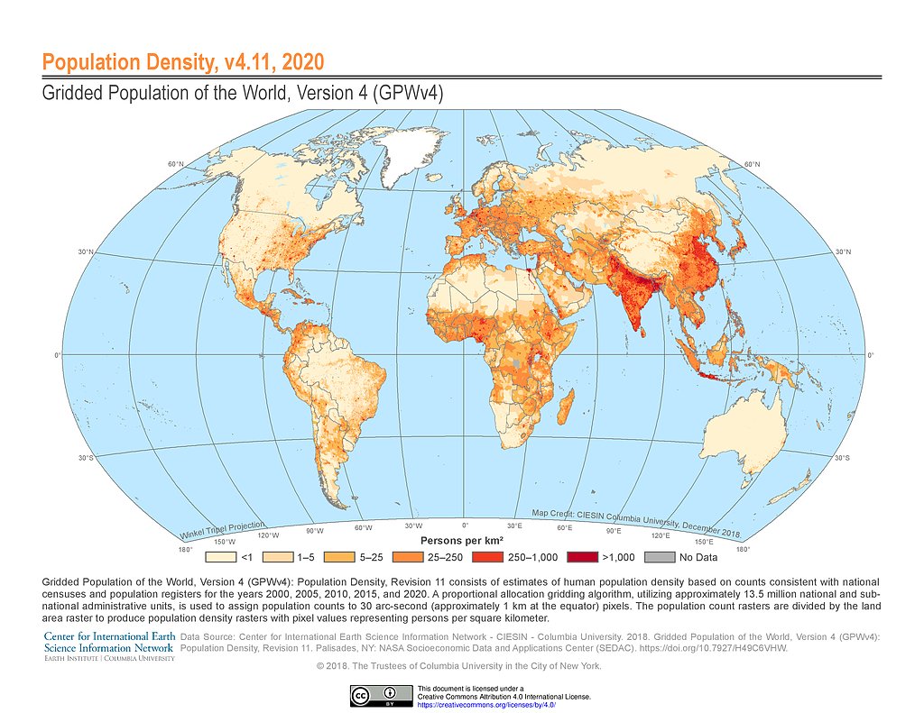 Map of global population density, 2020