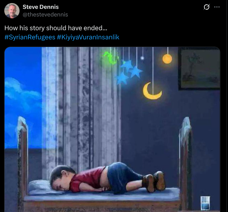 An internet meme depicting a small boy, wearing a red t-shirt and blue shorts, lying face down in a child’s bed, at night time, with a mobile of stars and moons hanging above, with the text "How his story should have ended..." above the image