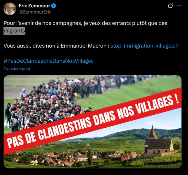 An internet meme showing a photograph of a line of refugees, and a photograph of a rural village with a church, along with french text ‘pas de clandestins dans nos villages’