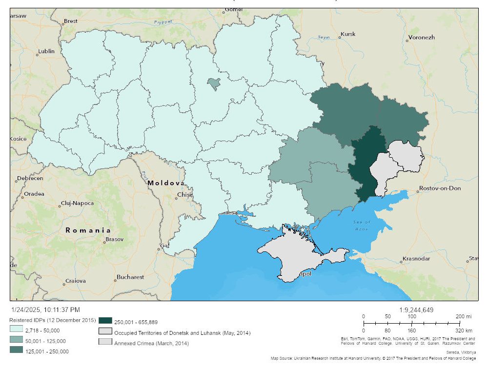 A map of Ukraine and surrounding countries showing the number of registered Internally Displaced Persons as of December 2015