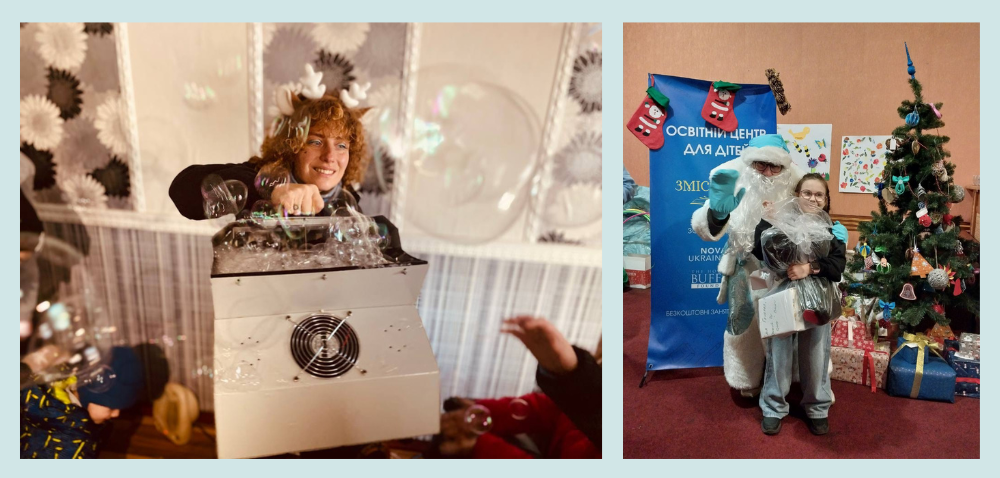 Two photos depicting Christmas celebrations. In one, someone holds a bubble making machine, surrounded by blurred images of children playing with the bubbles. The other shows a decorated Christmas tree with presents underneath, a young girl holding a large plastic bag of presents, with someone dressed up as Santa Claus behind her.