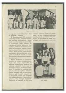 Page from an old magazine, showing three black and white photographs depicting people wearing traditional costume, and a column of text in Polish