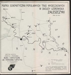 A black and white map showing tourist locations around the town of Zalishchyky