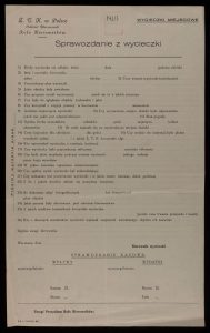 The opening page of a report entitled ‘Sprawozdanie z wycieczki’ and a list of 26 items, in Polish
