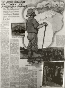 Page from a newspaper, entitled ‘To Jerusalem by way of American Farms: The Big Scheme of Which the Recent Landing of Russian Jews at Galveston is a Part’ showing a drawing of a man dressed for agricultural work standing in a field, with a depiction of the domes and minarets of Jerusalem appearing in a cloud above him