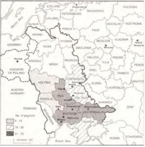 Old black and white map showing the major pogrom centers in the Russian Empire, 1881-1884