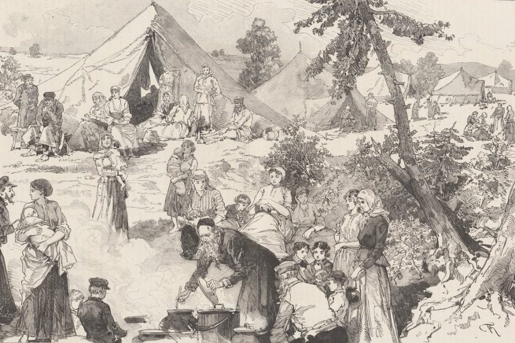 A black and white drawing depicting predominantly women and children in an encampment, in a forest setting, with various activities taking place including cooking