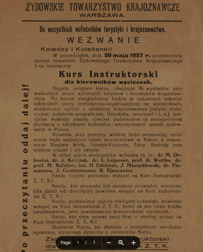A close up image of a newspaper advertisement in Polish, with the heading ‘Zydowskie Towarzystwo Krajoznawcze’