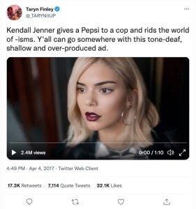 This image shows the tweet from Taryn Finlay about the Pepsi/Black Lives Matter/Kendall Jenner controversy. The tweet reads, "Kendall Jenner gives a Pepsi to a cop and rids the world of -isms. Y'all can go somewhere with this tone-deaf, shallow and over-produced ad." Below the tweet is a video thumbnail showing Kendall Jenner. From within Twitter, one can click on this thumbnail to view the ad.