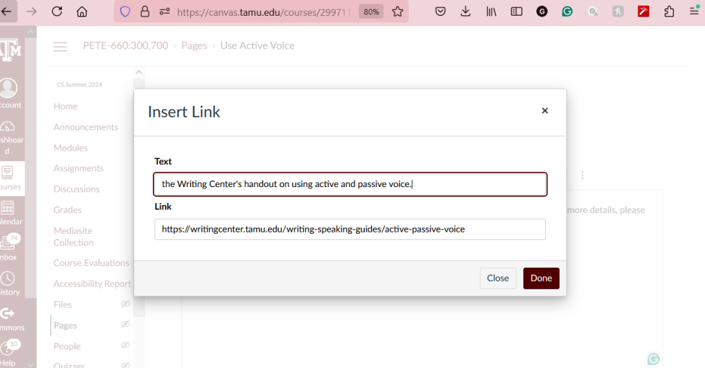 A screenshot showing the popup box in Canvas used to insert links. There are two fields in this box. The descriptive text goes in the top box and reads "the Writing Center's handout on using active and passive voice." The actual link to this resource goes in the bottom field.