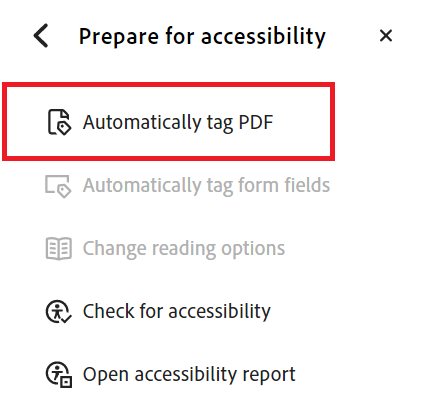 Adobe Acrobat Prepare for Accessibility menu with the option Automatically tab PDF highlighted in a red box.