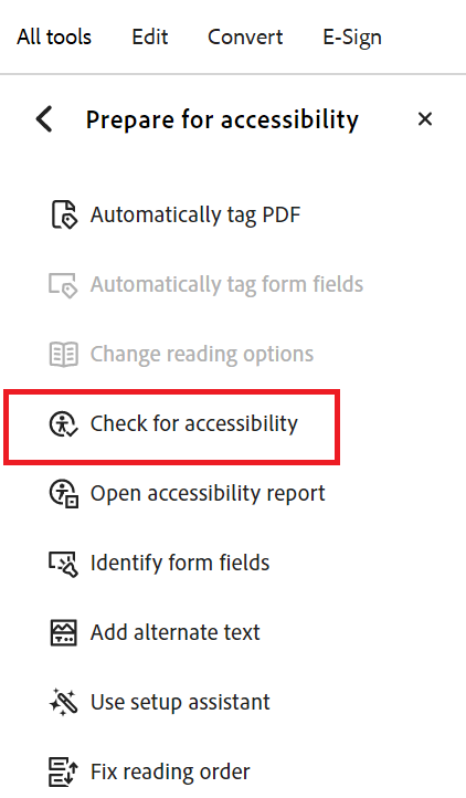 Adobe Acrobat Prepare for Accessibility Menu with the option Check for Accessibility highlighted in a red box.