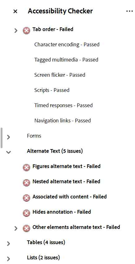 Adobe Acrobat accessibility report showing errors for an inaccessible PDF.