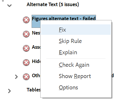 Adobe Acrobat accessibility report showing the Fix option at the top of an overlaid dropdown box.