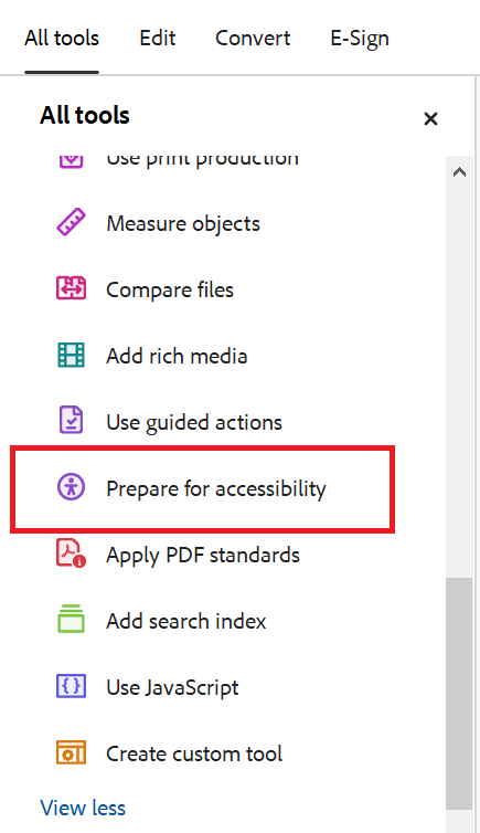 Adobe Acrobat Tools menu with the option Prepare for Accessibility highlighted in a red box.