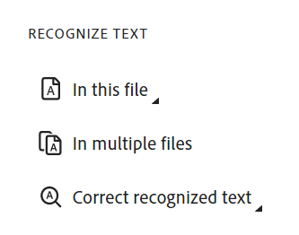 Adobe Acrobat OCR menu showing options to output scanned text in multiple file options.