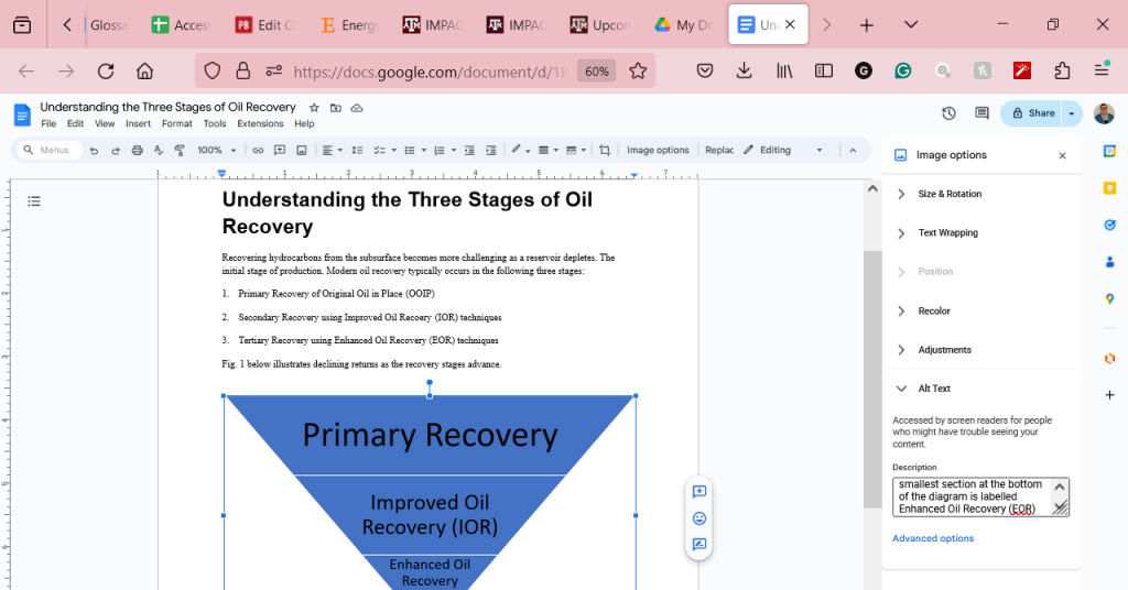 A screenshot using a sample worksheet to show how to add alt-text to images in Google Docs. The image alt-text is the following: A diagram in the form of an inverted triangle divided horizontally into three parts to illustrate declining returns as oil recovery progresses. The top section, or largest part, is labelled Primary Recovery. The middle part is labelled Improved Oil Recovery (IOR). The smallest section at the bottom of the diagram is labelled Enhanced Oil Recovery (EOR).