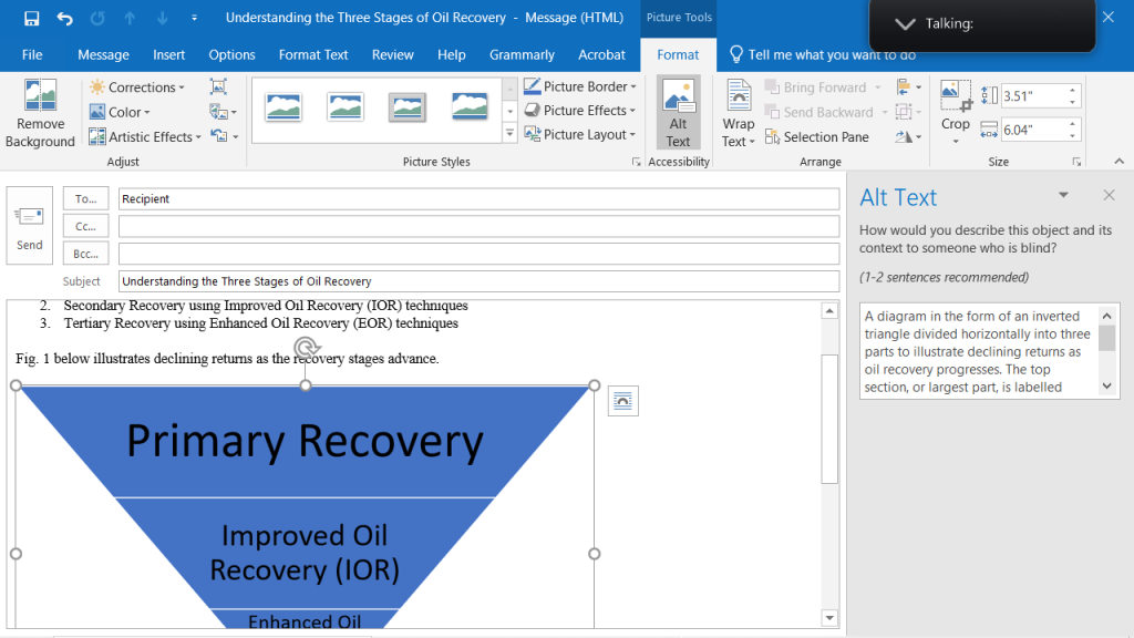 A screenshot using a sample worksheet to show how to add alt-text to images in Microsoft Outlook. The image alt-text is the following: A diagram in the form of an inverted triangle divided horizontally into three parts to illustrate declining returns as oil recovery progresses. The top section, or largest part, is labelled Primary Recovery. The middle part is labelled Improved Oil Recovery (IOR). The smallest section at the bottom of the diagram is labelled Enhanced Oil Recovery (EOR).