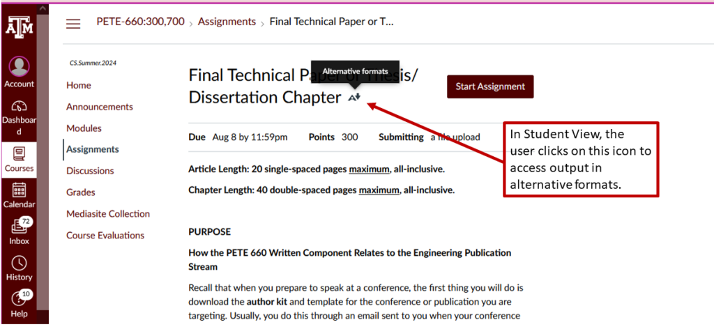 A screenshot showing an assignment in Canvas. A red arrow points to the icon to be clicked to access alternative formats.