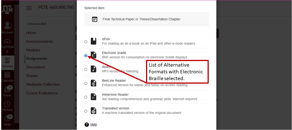 A screenshot showing the list of alternative formats in Canvas. The list shows six options: ePub, Electronic Braille (selected), Audio, BeeLine Reader, Immersive Reader, and Translated Version.