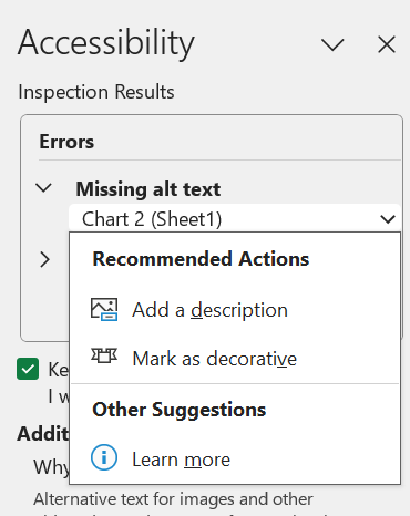 Microsoft Excel Accessibility Report showing Recommended Actions in an overlaid dropdown menu.